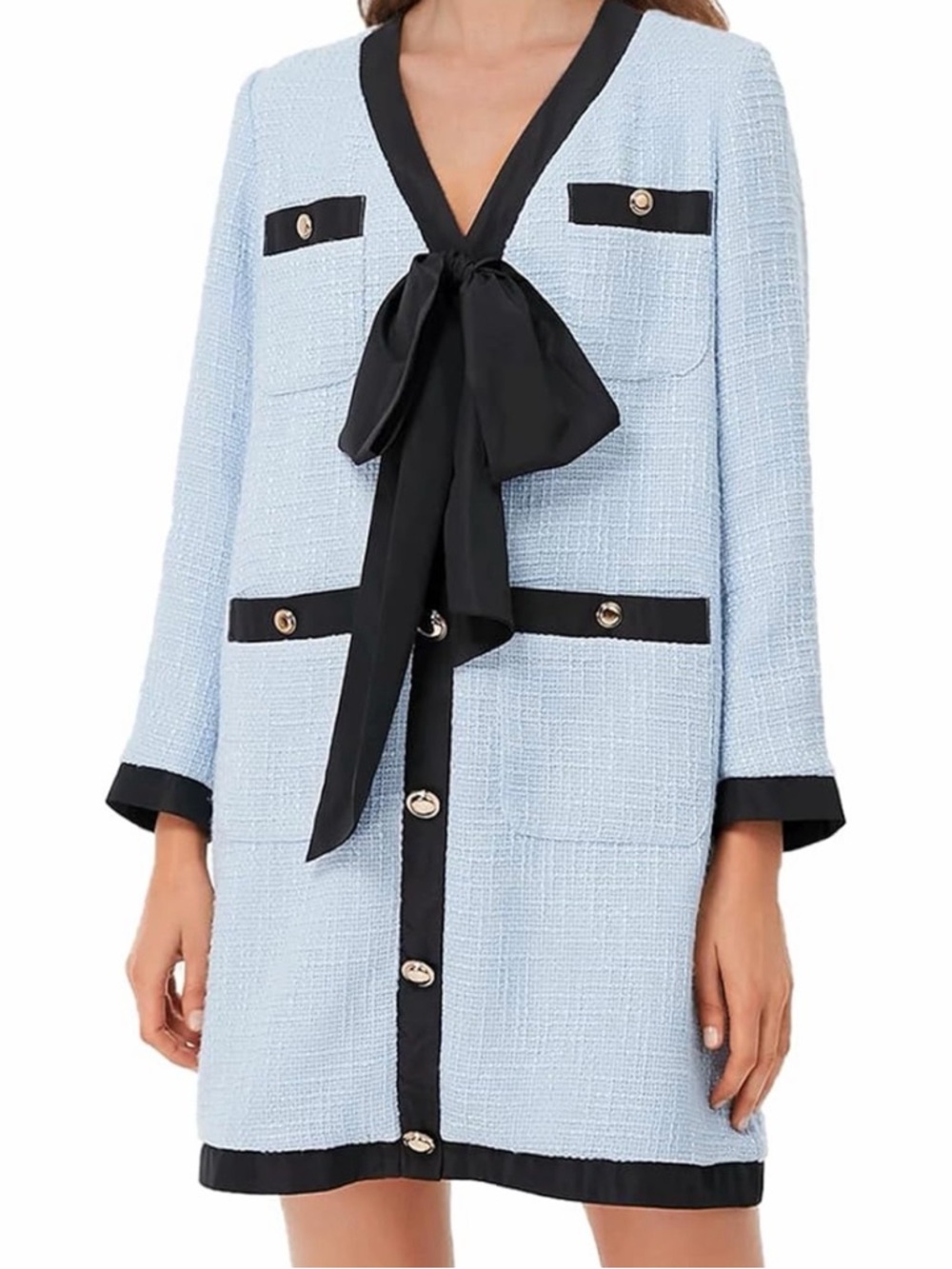 Elegant tweed bow dress v neck long sleeve mini dress derby